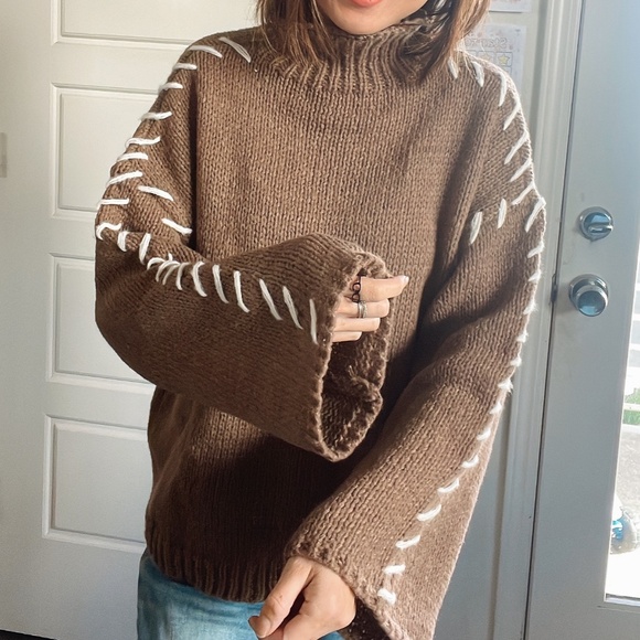Cozy Mocha Brown Stitched Detail Turtleneck Sweater Top - Picture 6 of 13